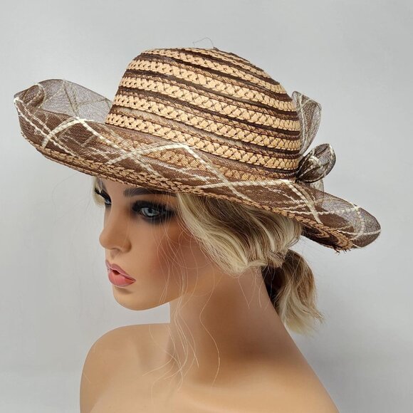 Vintage Brown Tan Wide Brim Straw Summer Sun Hat with Woven Ribbon Flower - Picture 2 of 5